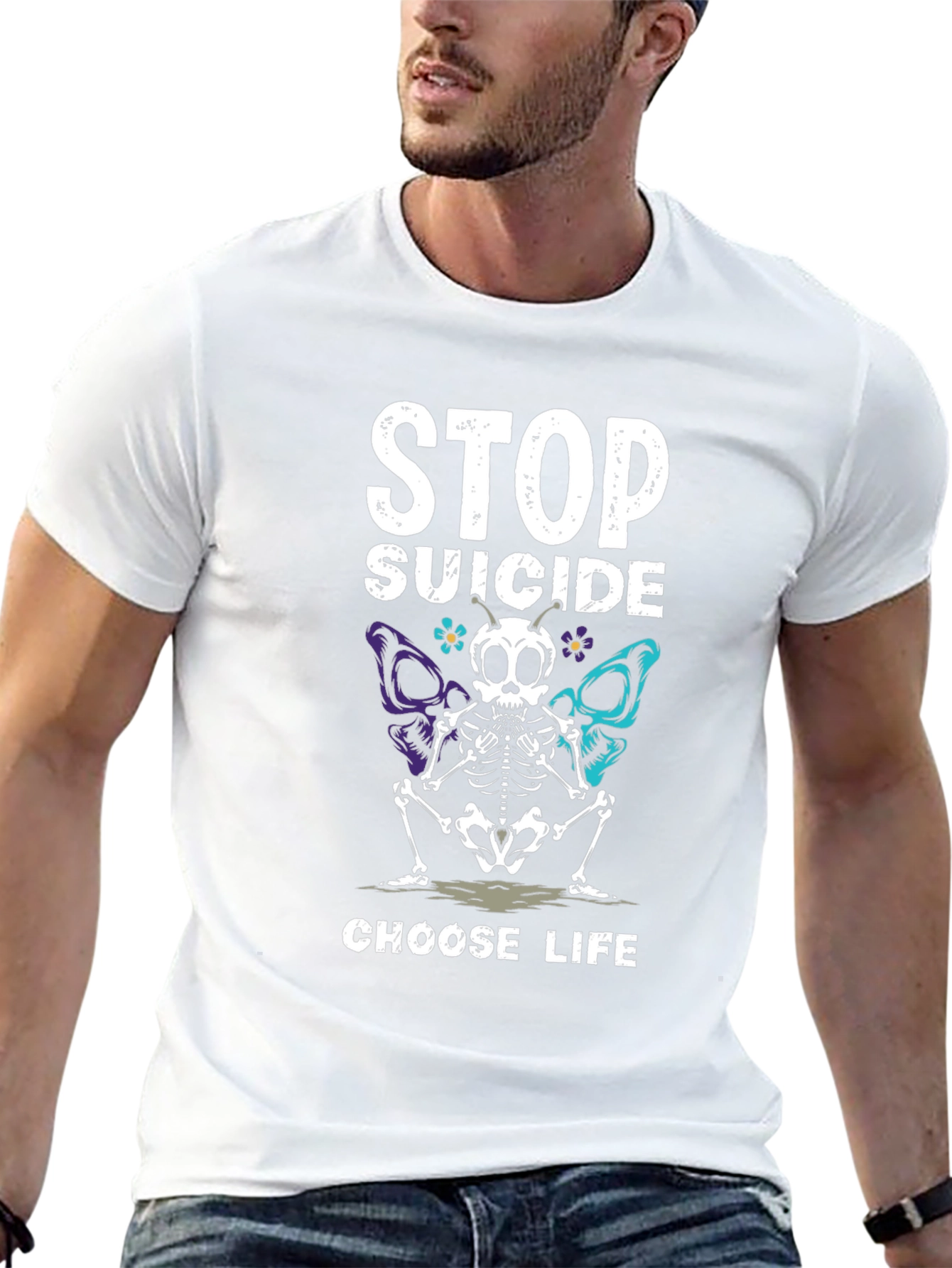Stop Suicide T-Shirt Choose Life Skeleton Butterfly Tee