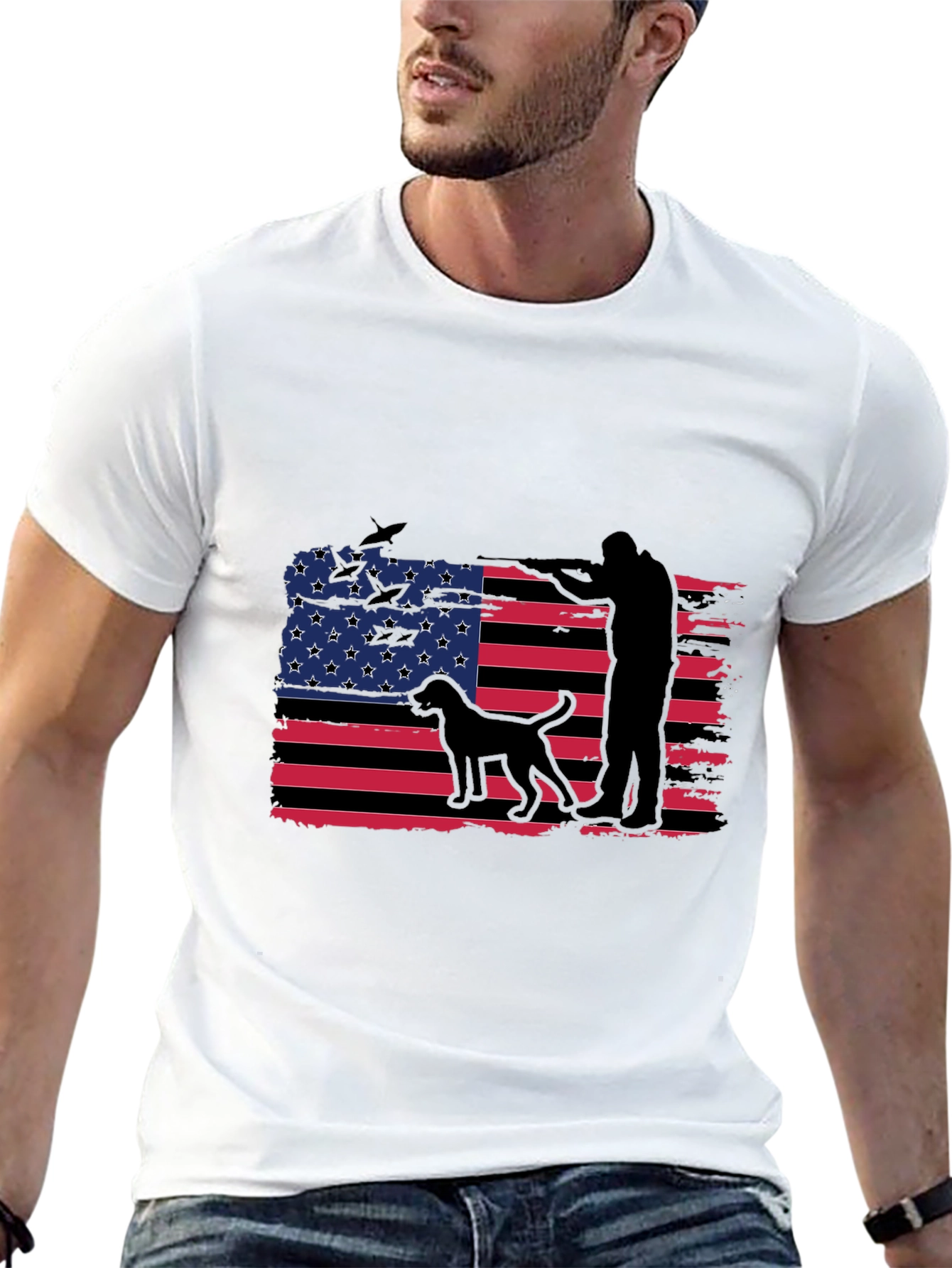 Mens American Flag Hunter Dog T-Shirt