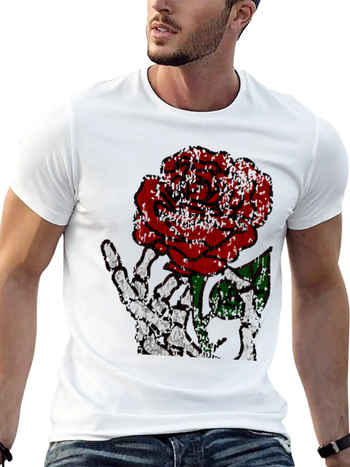 Rose Skeleton Hand Graphic Tee - Edgy Black T-Shirt