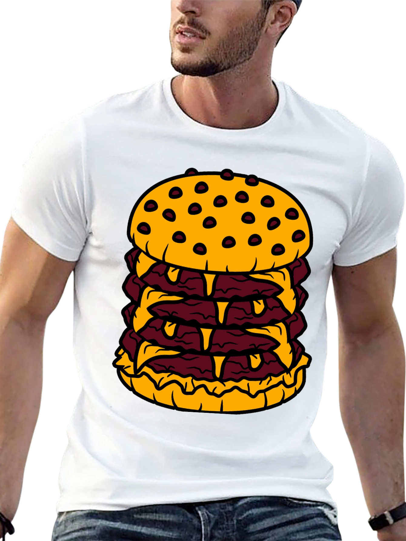 Humorous Cartoon Burger Graphic Black T-Shirt