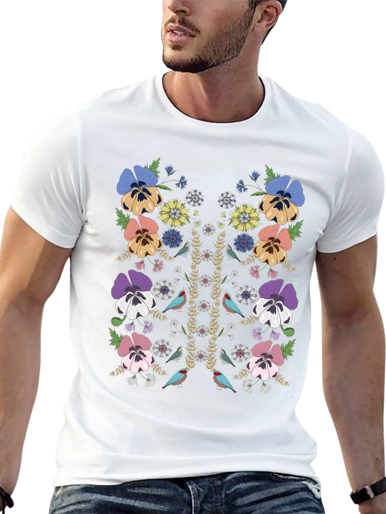 Floral & Birds Graphic Print Mens T-Shirt