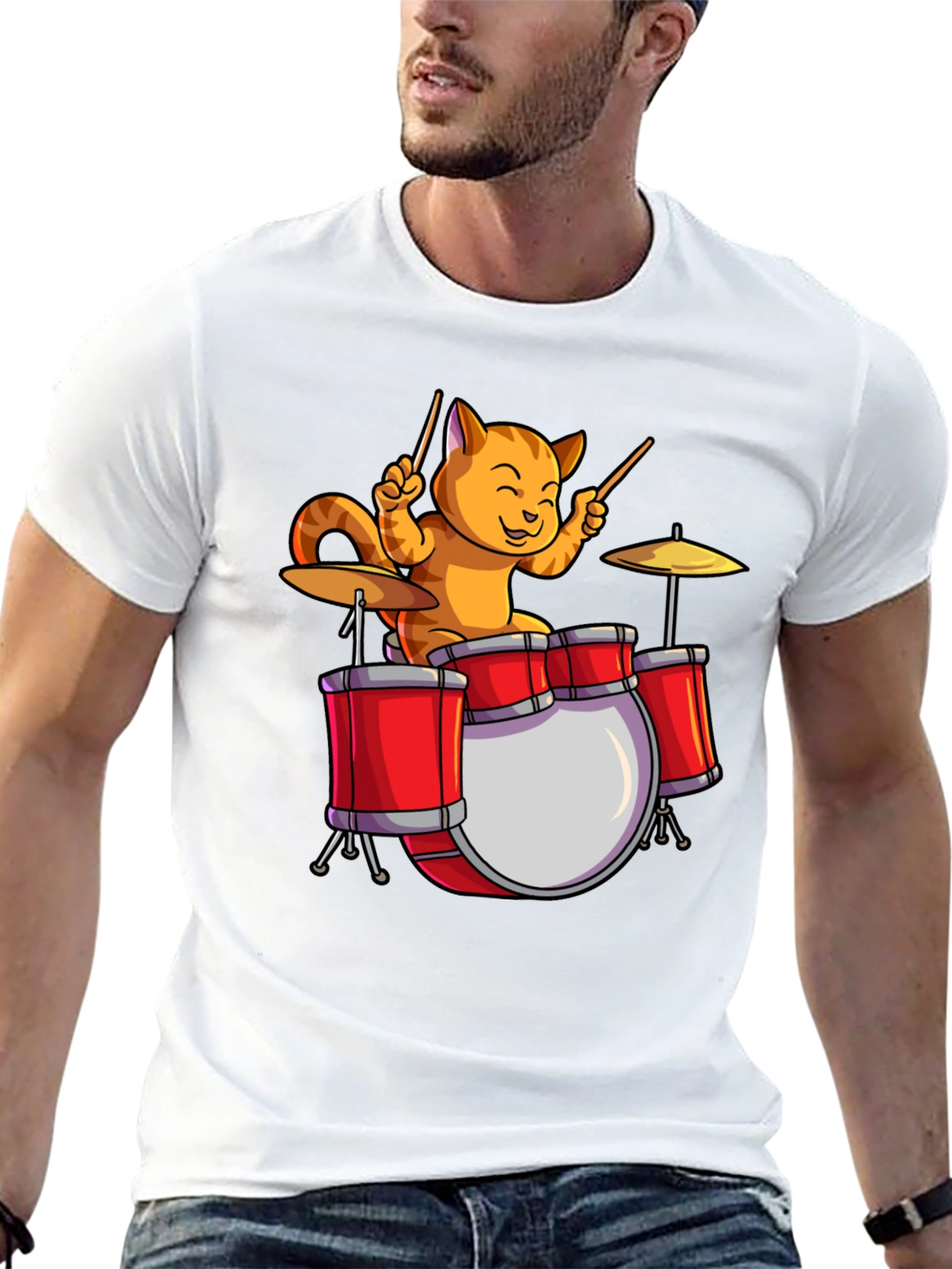 Drummer Cat T-Shirt - Black Cotton Tee