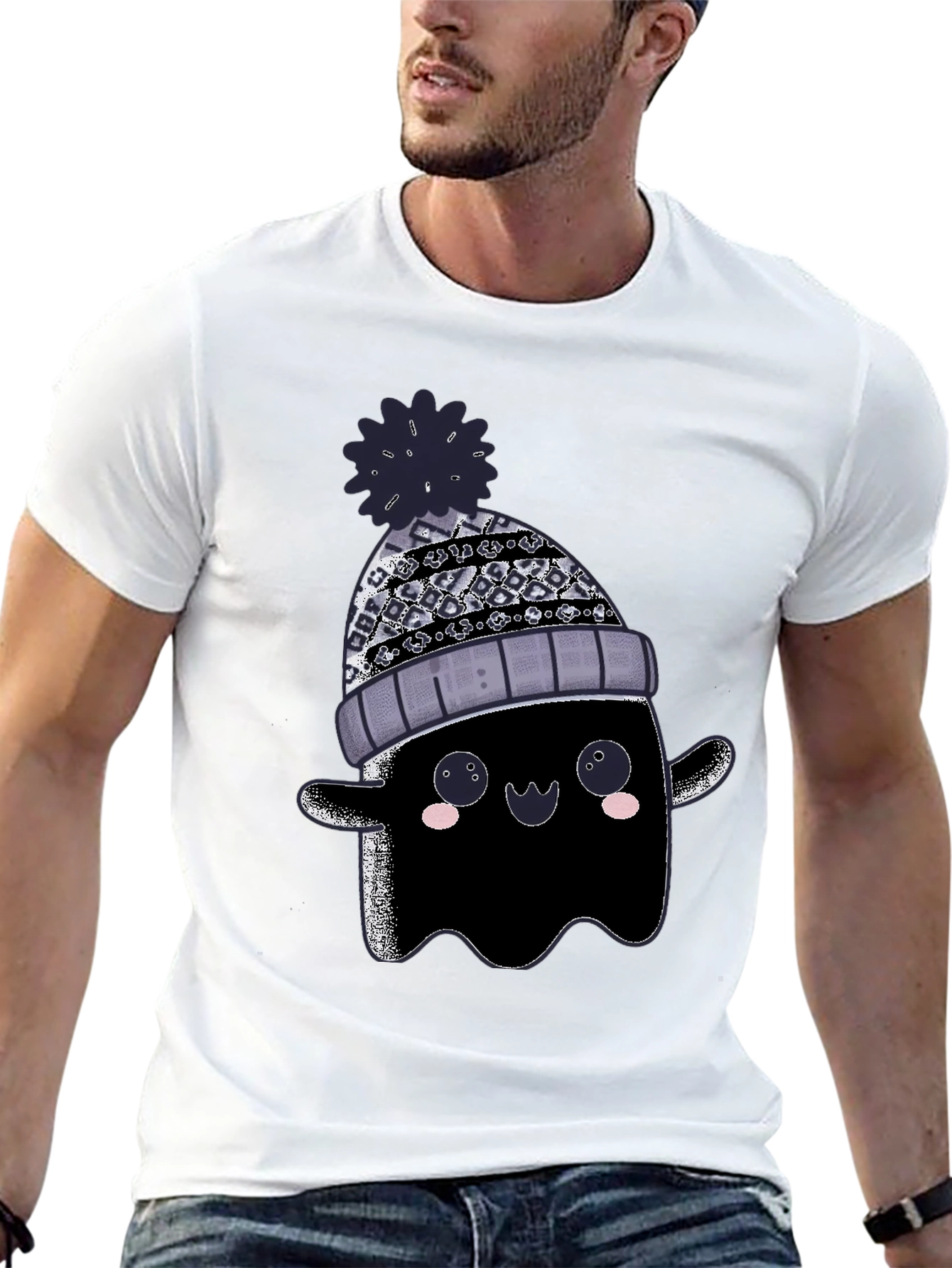 Cute Ghost in Beanie Graphic Tee