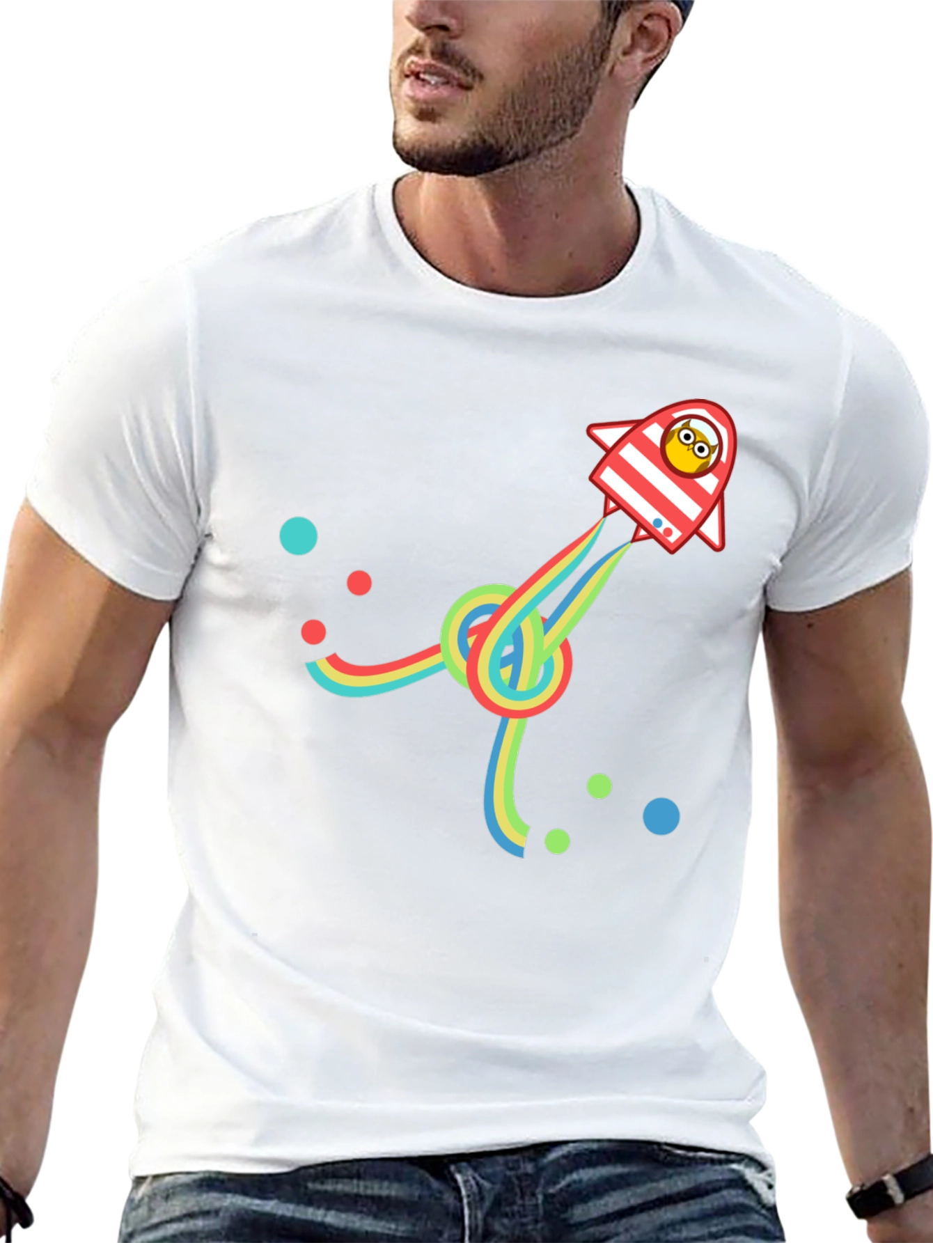 Retro Rocket T-Shirt with Rainbow Trail - Black