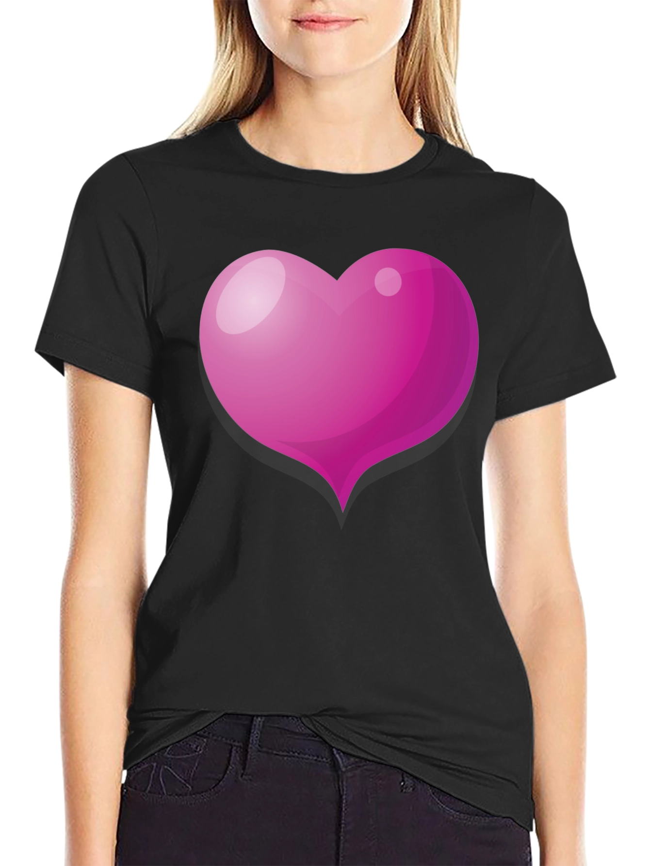 Pink Heart Graphic Black T-Shirt