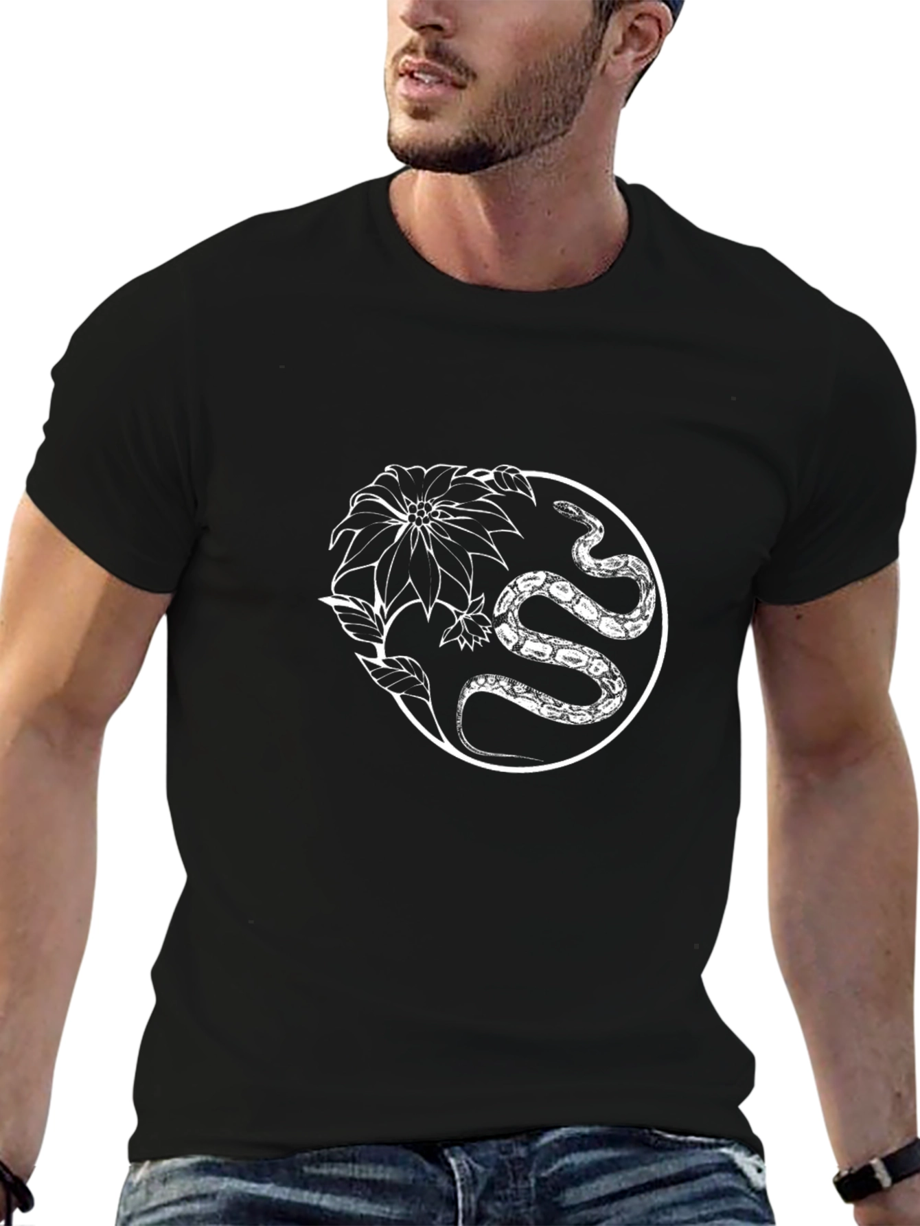 Snake & Floral Graphic Tee - Black