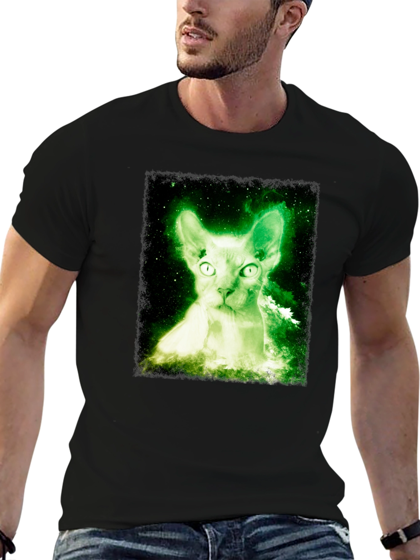 Glowing Cat T-Shirt - Black Cotton Blend