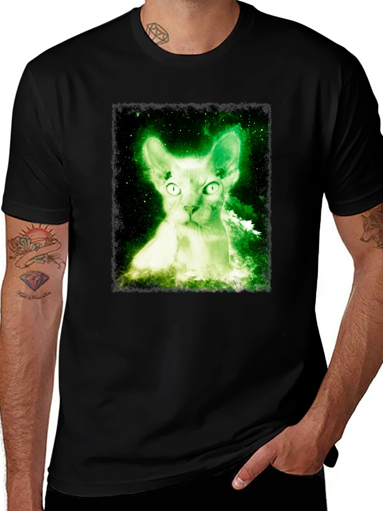 Glowing Cat T-Shirt - Black Cotton Blend