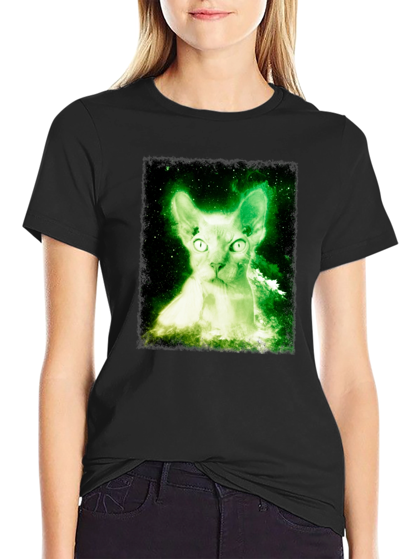 Glowing Cat T-Shirt - Black Cotton Blend