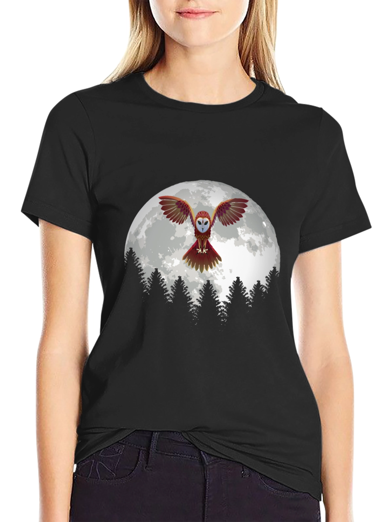 Owl Moon Graphic Tee - Black Cotton Blend T-Shirt