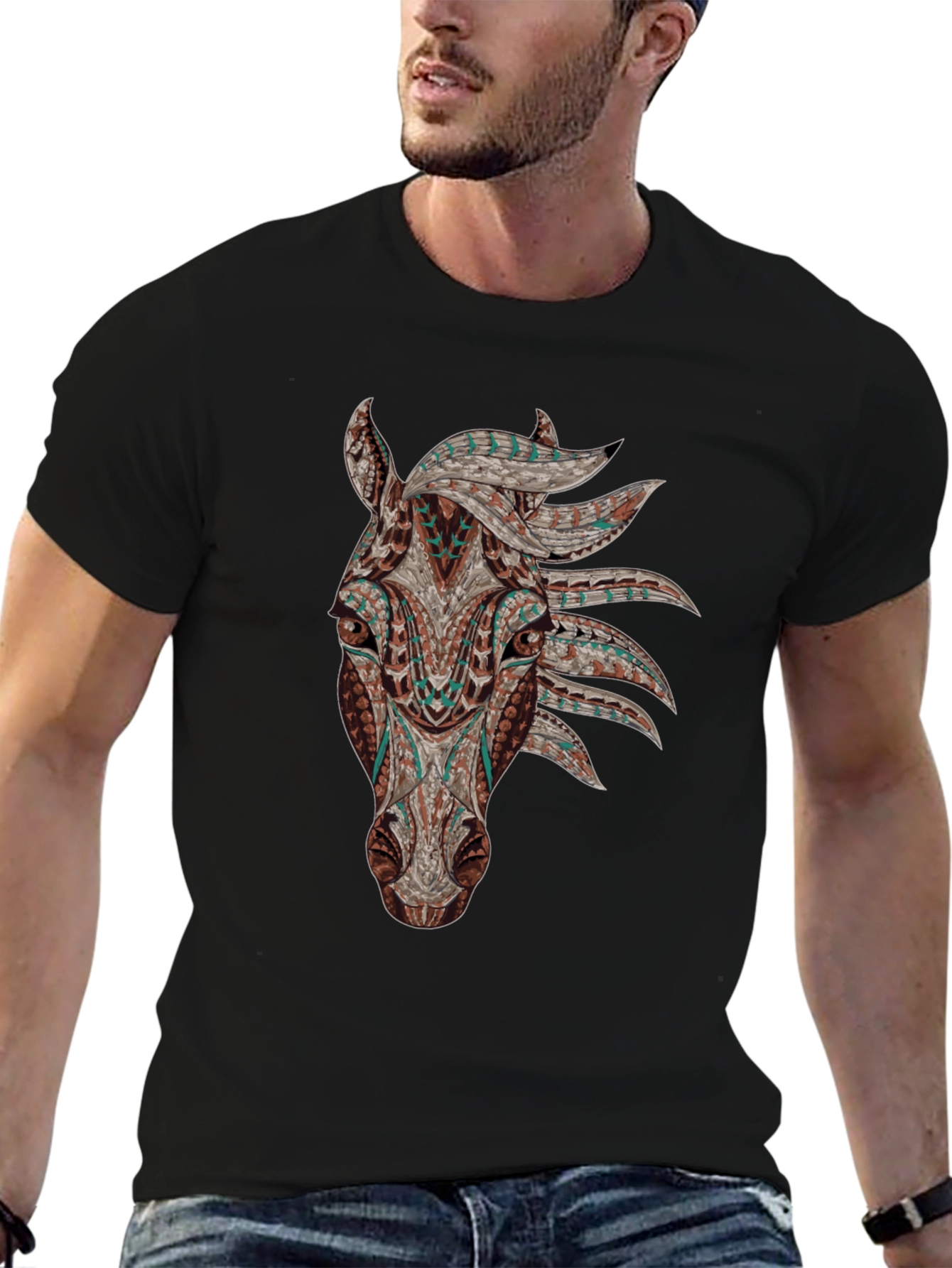 Horse Head Graphic Tee - Black Cotton Shirt