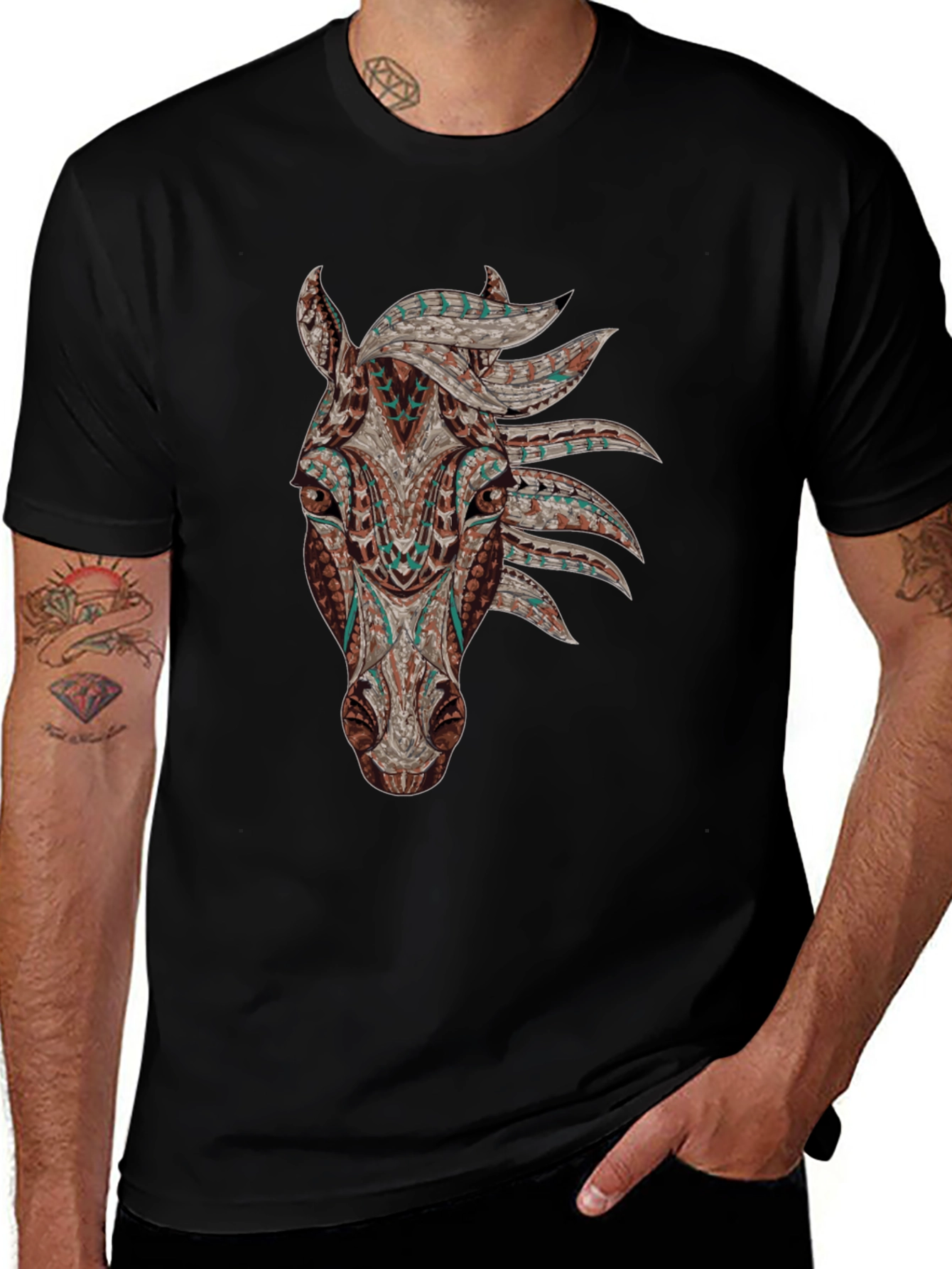 Horse Head Graphic Tee - Black Cotton Shirt