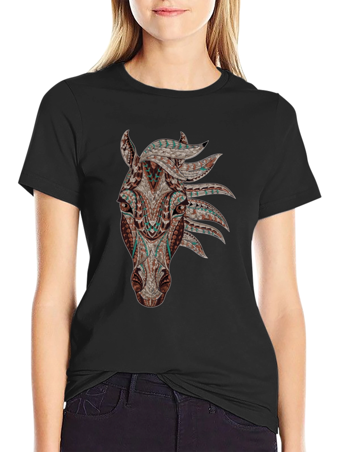 Horse Head Graphic Tee - Black Cotton Shirt