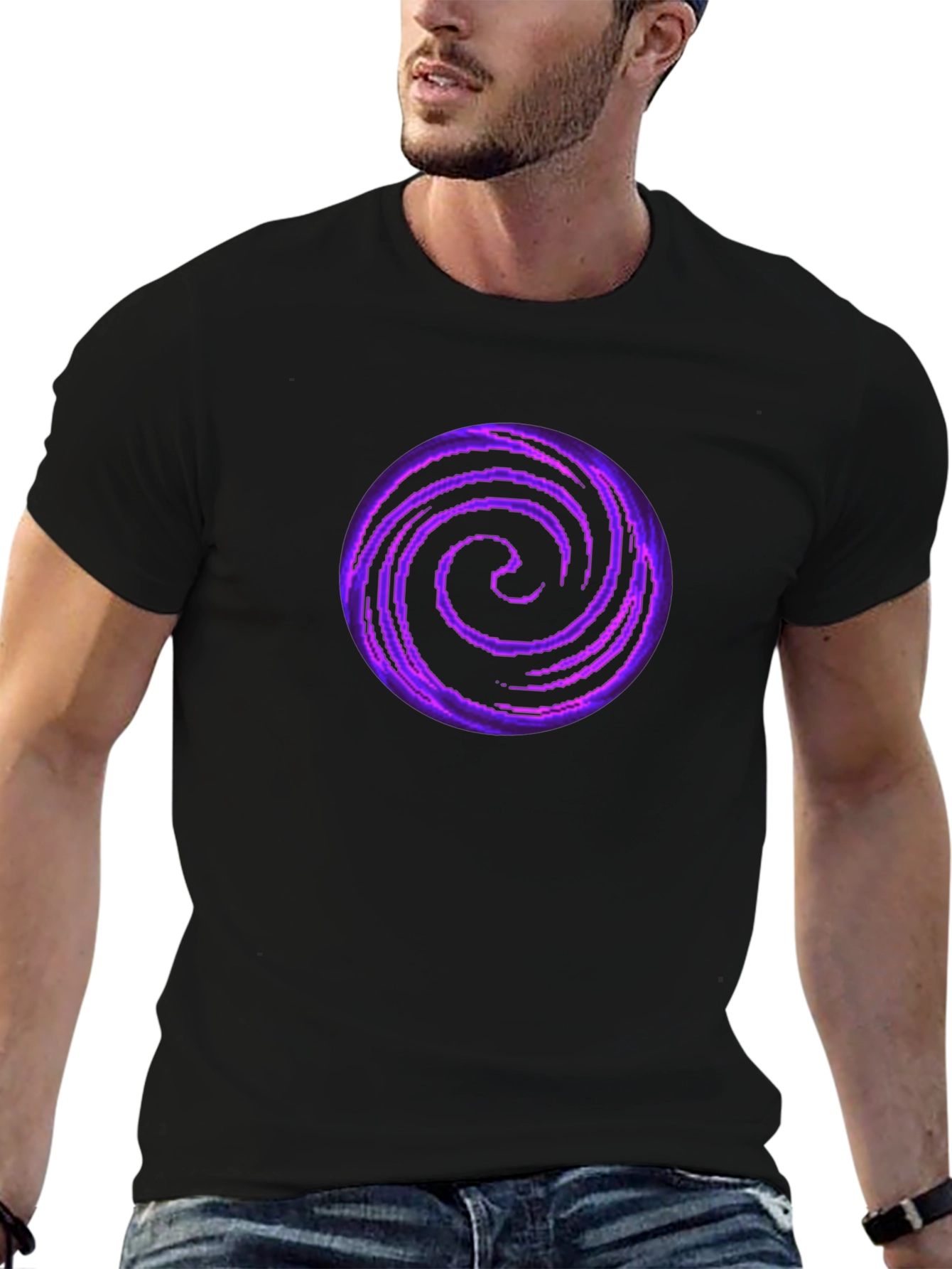 Black T-Shirt with Purple Galaxy Swirl Design