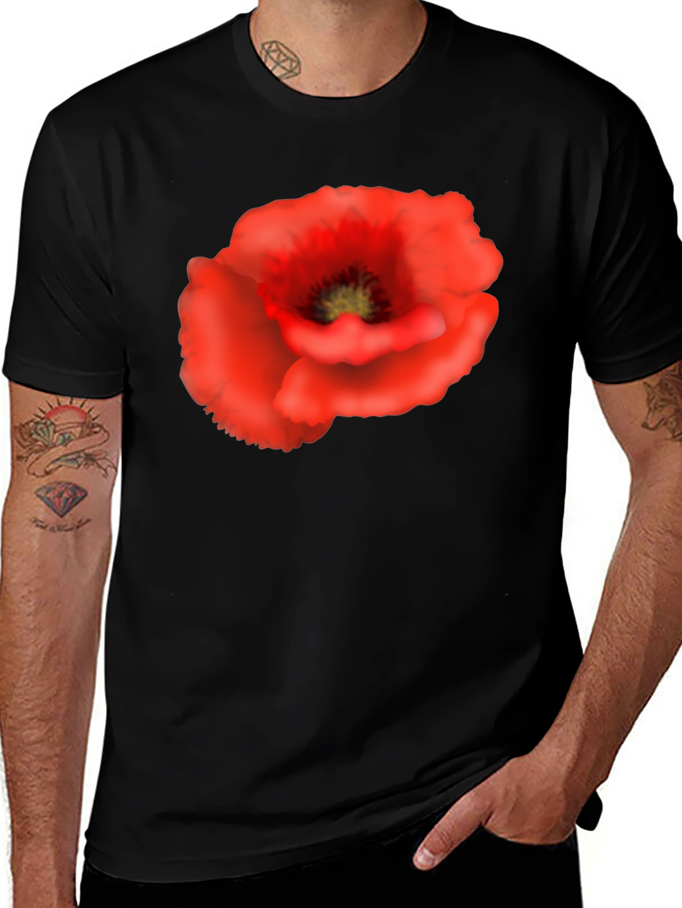 Poppy Flower Black T-Shirt - Floral Graphic Tee