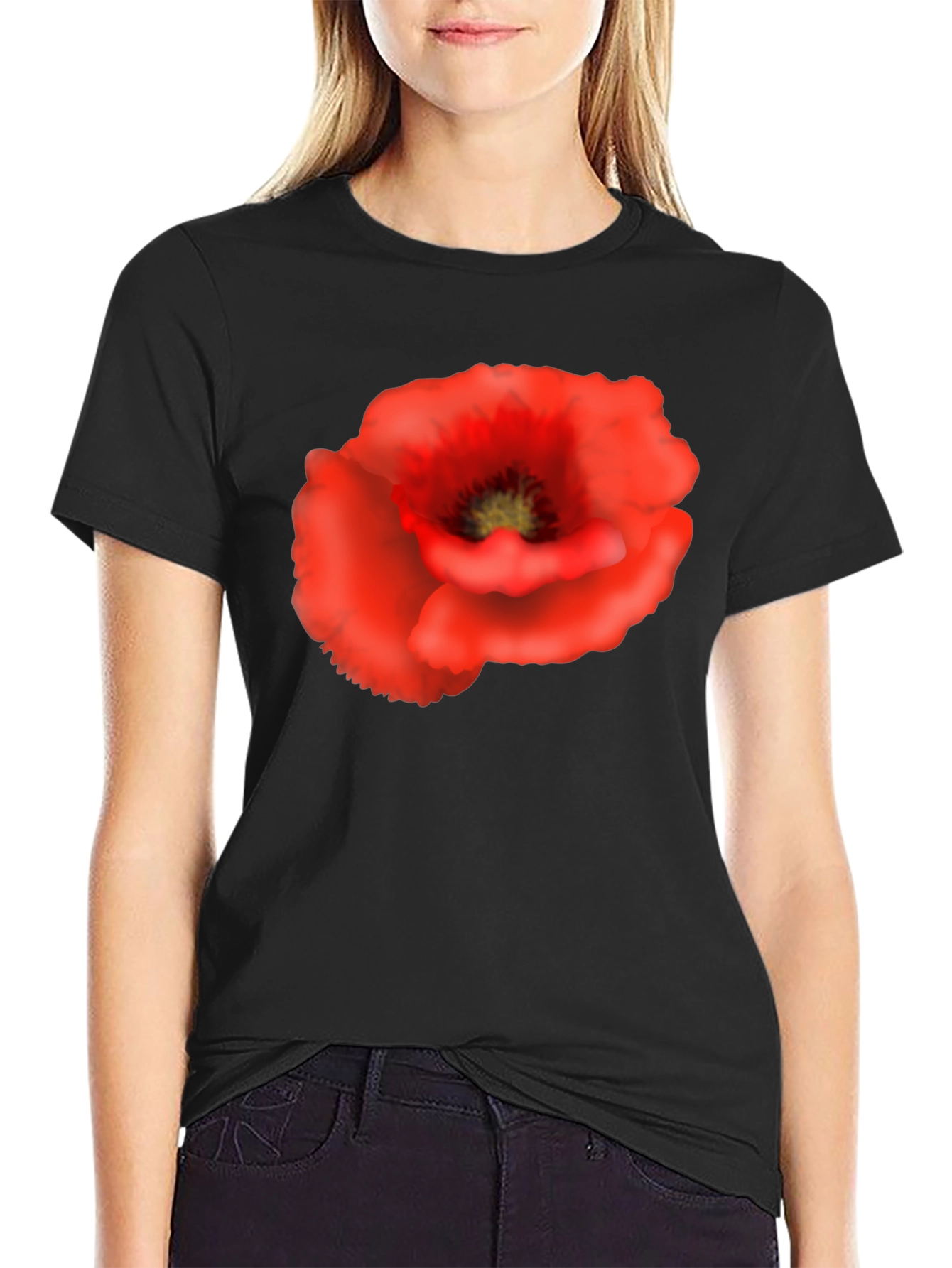 Poppy Flower Black T-Shirt - Floral Graphic Tee