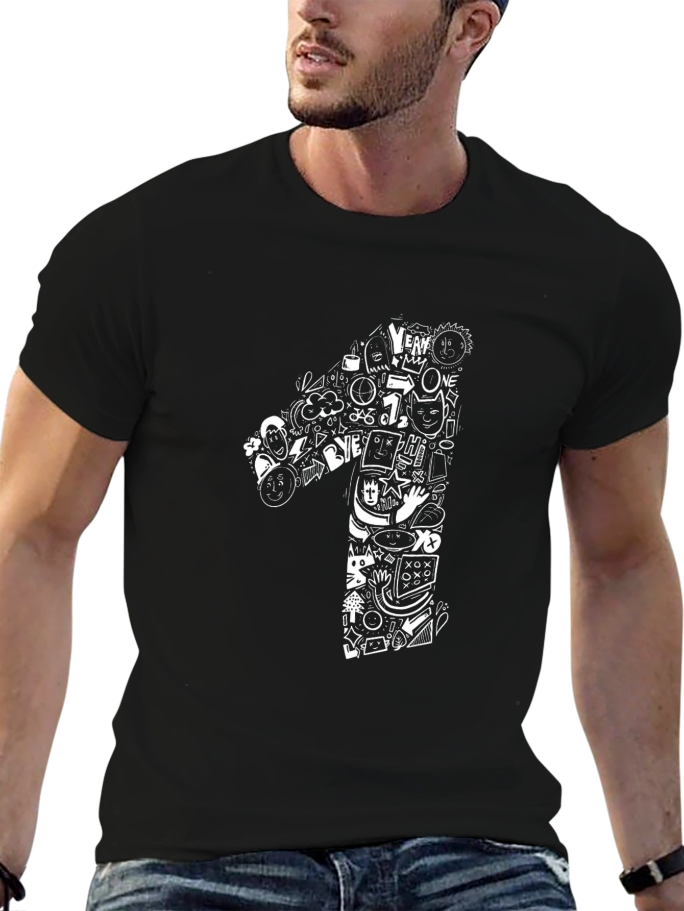 Doodle Number One Graphic Black Tee