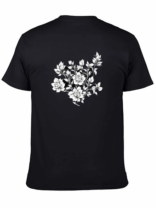 Elegant Floral Print Black T-Shirt