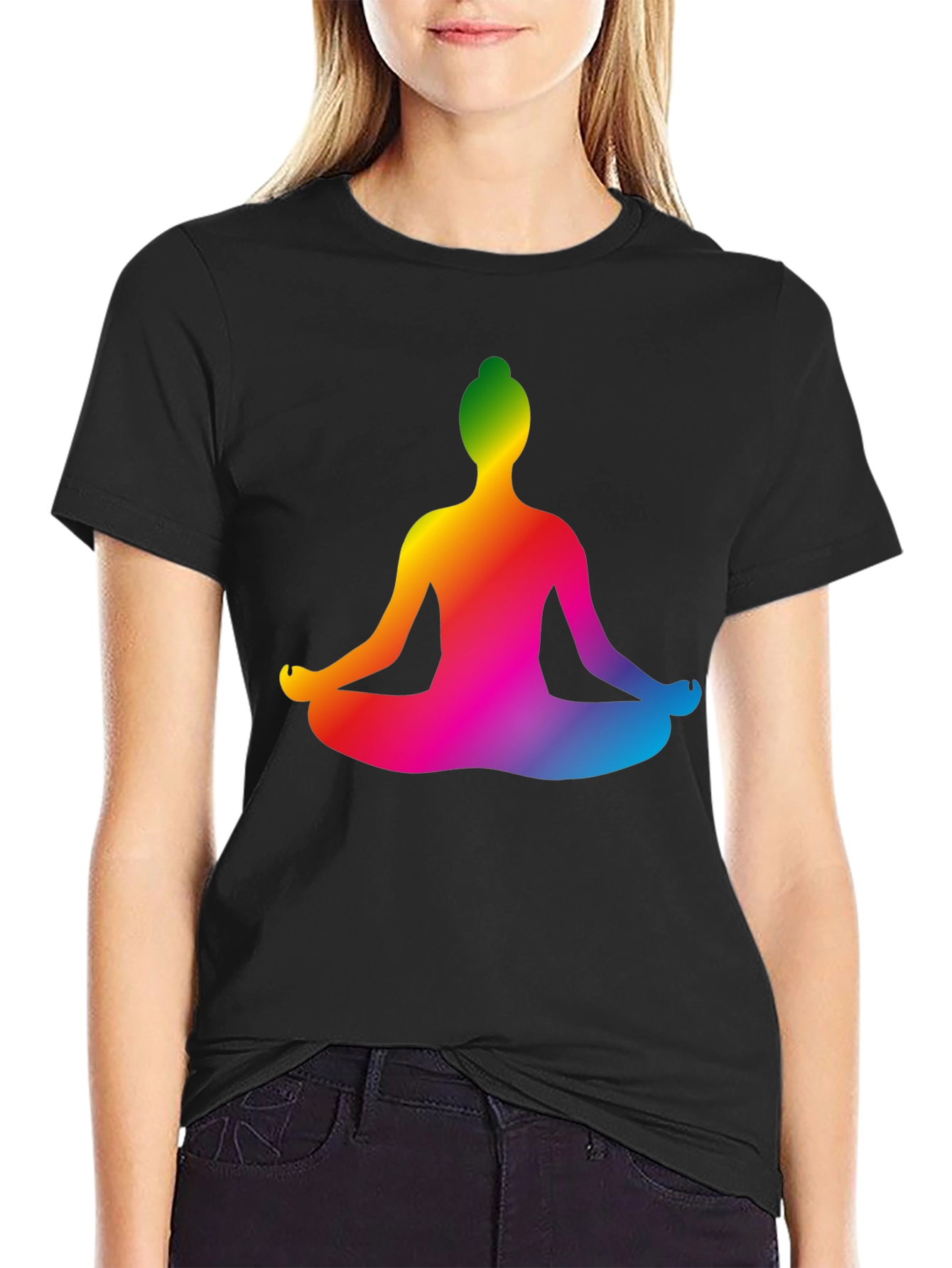 Rainbow Yoga Pose Graphic Black T-Shirt
