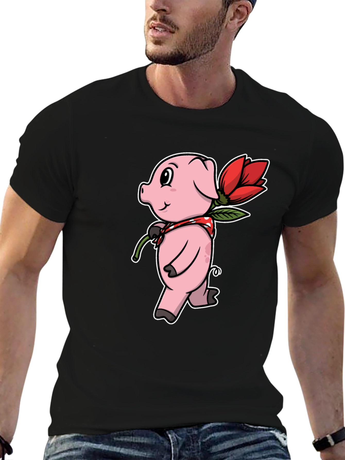 Cute Pig with Flower Graphic Tee