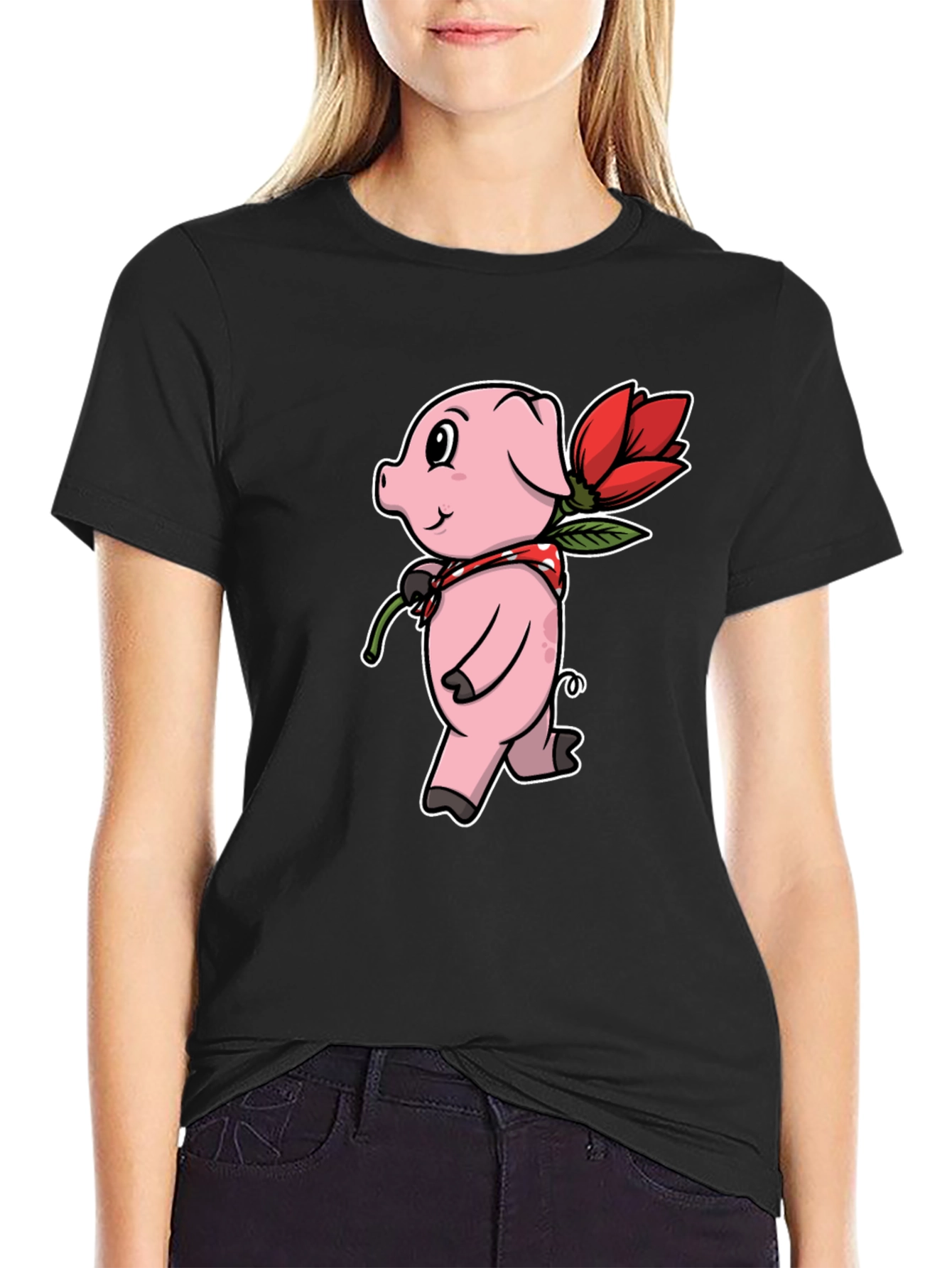 Cute Pig with Flower Graphic Tee