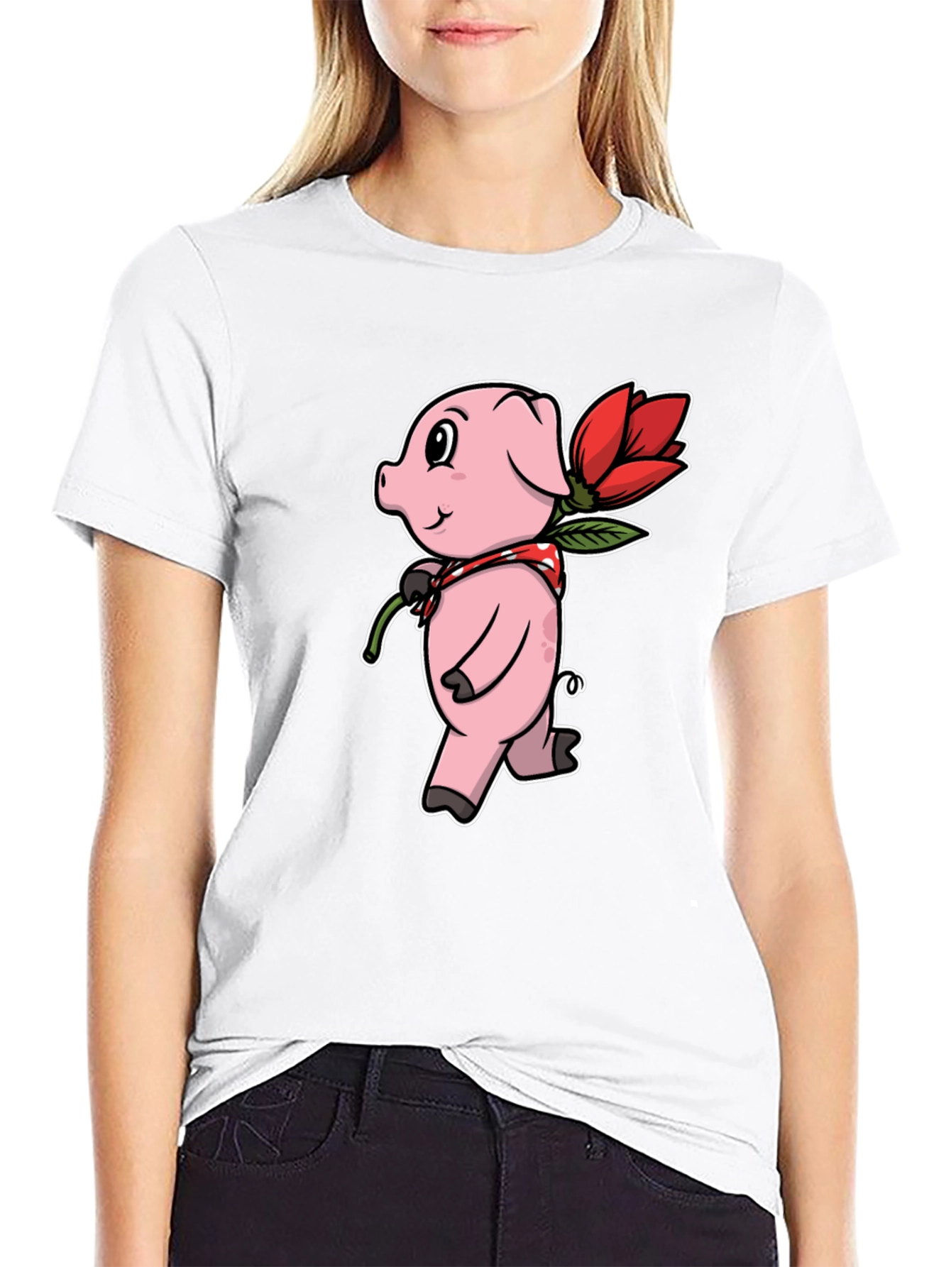 Cute Pig with Flower Graphic Tee