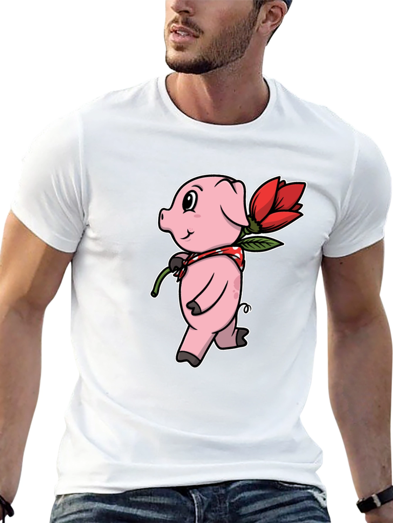 Cute Pig with Flower Graphic Tee