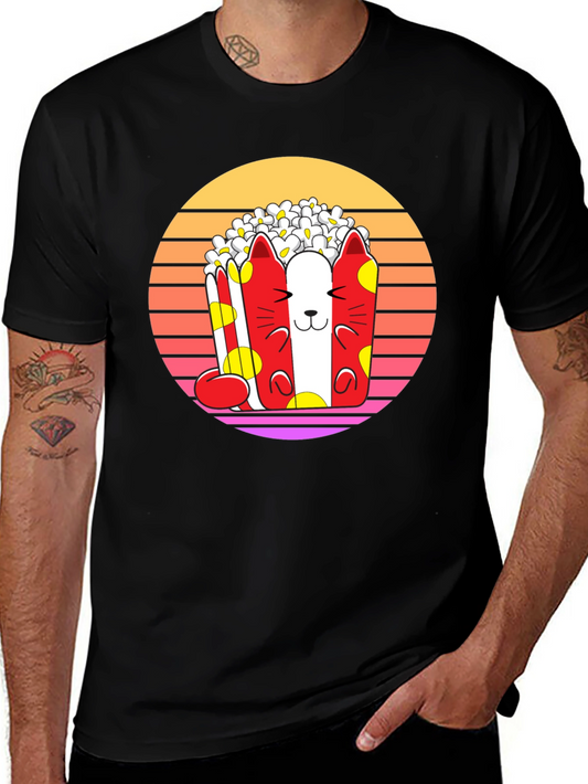 Popcorn Cat T-Shirt - Retro Sunset Graphic Tee