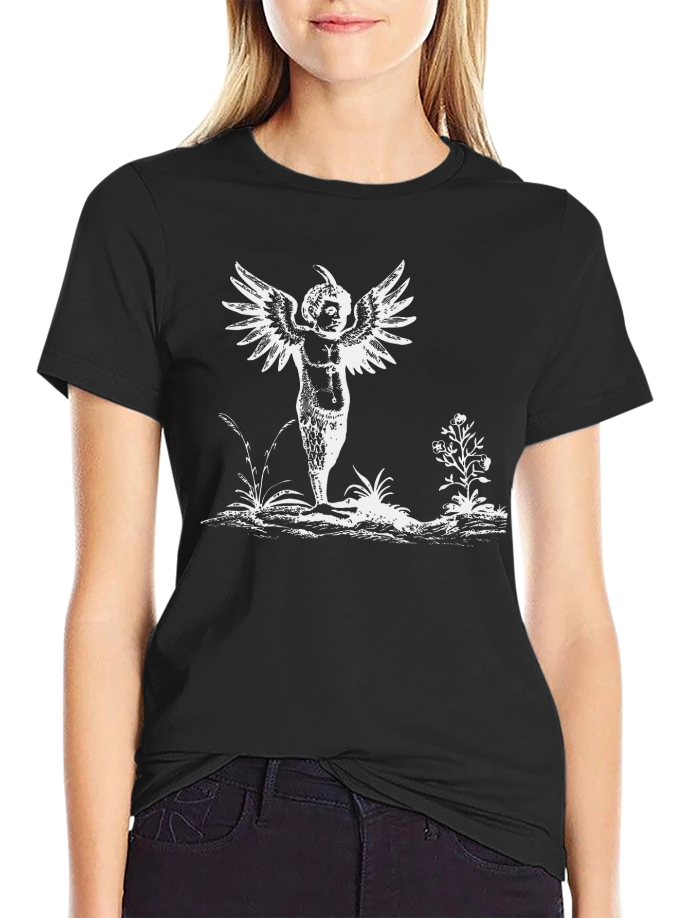 Whimsical Winged Figure Black T-Shirt