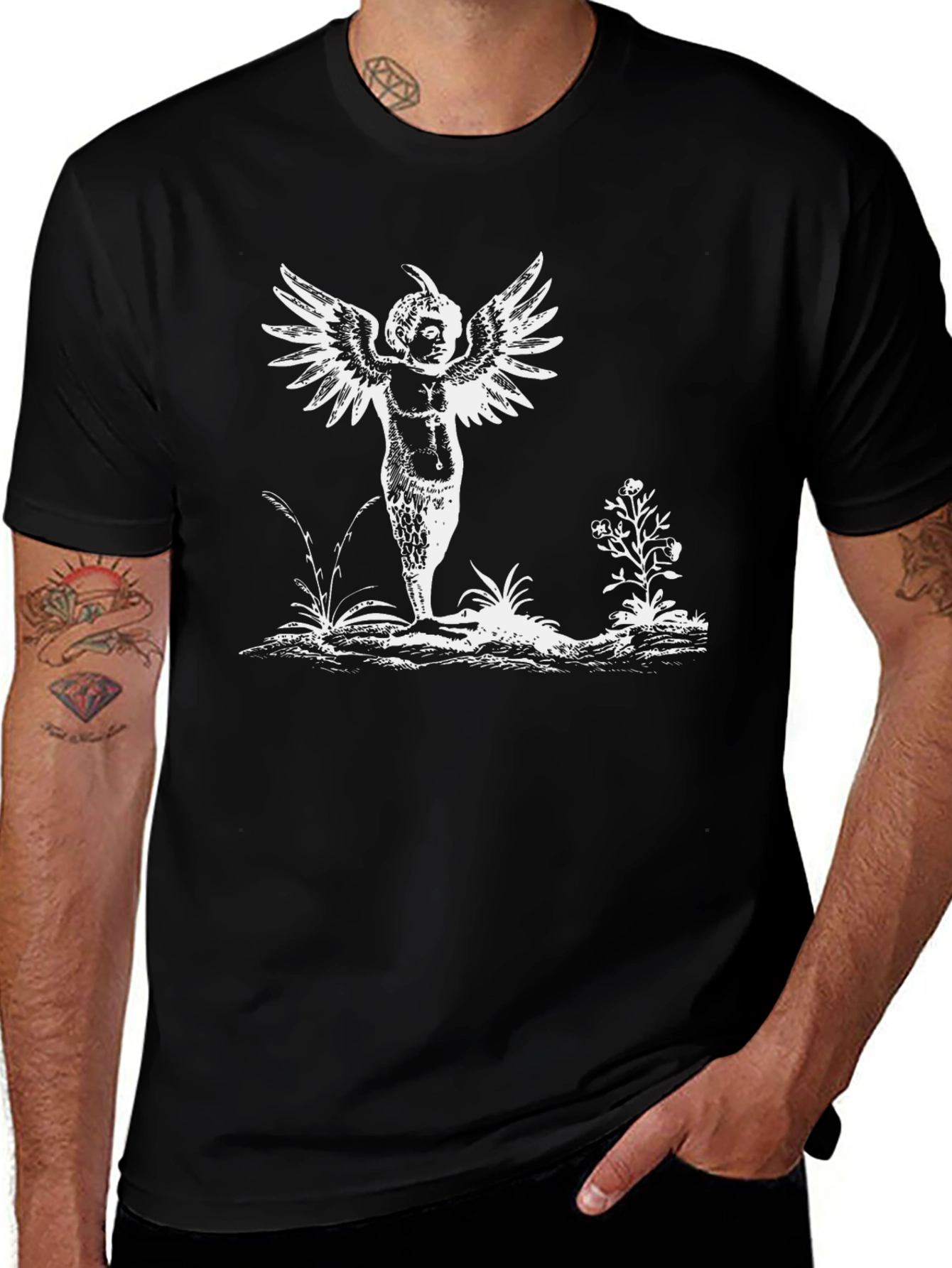Whimsical Winged Figure Black T-Shirt