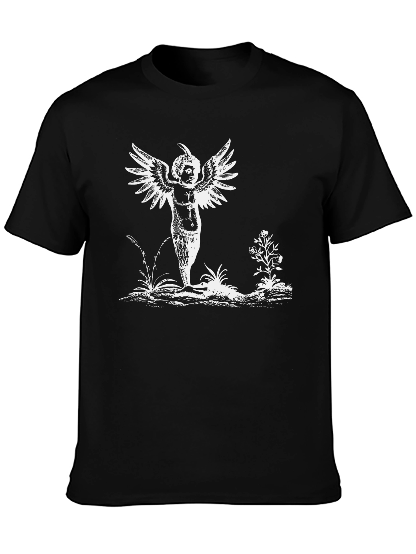 Whimsical Winged Figure Black T-Shirt