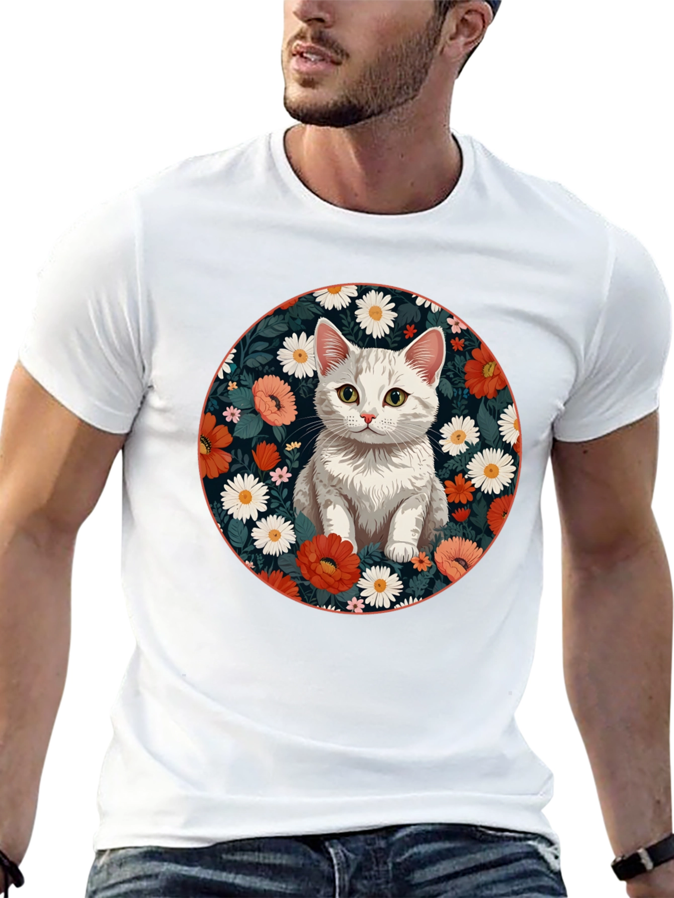 Floral Cat Graphic T-Shirt - Stylish Mens Tee
