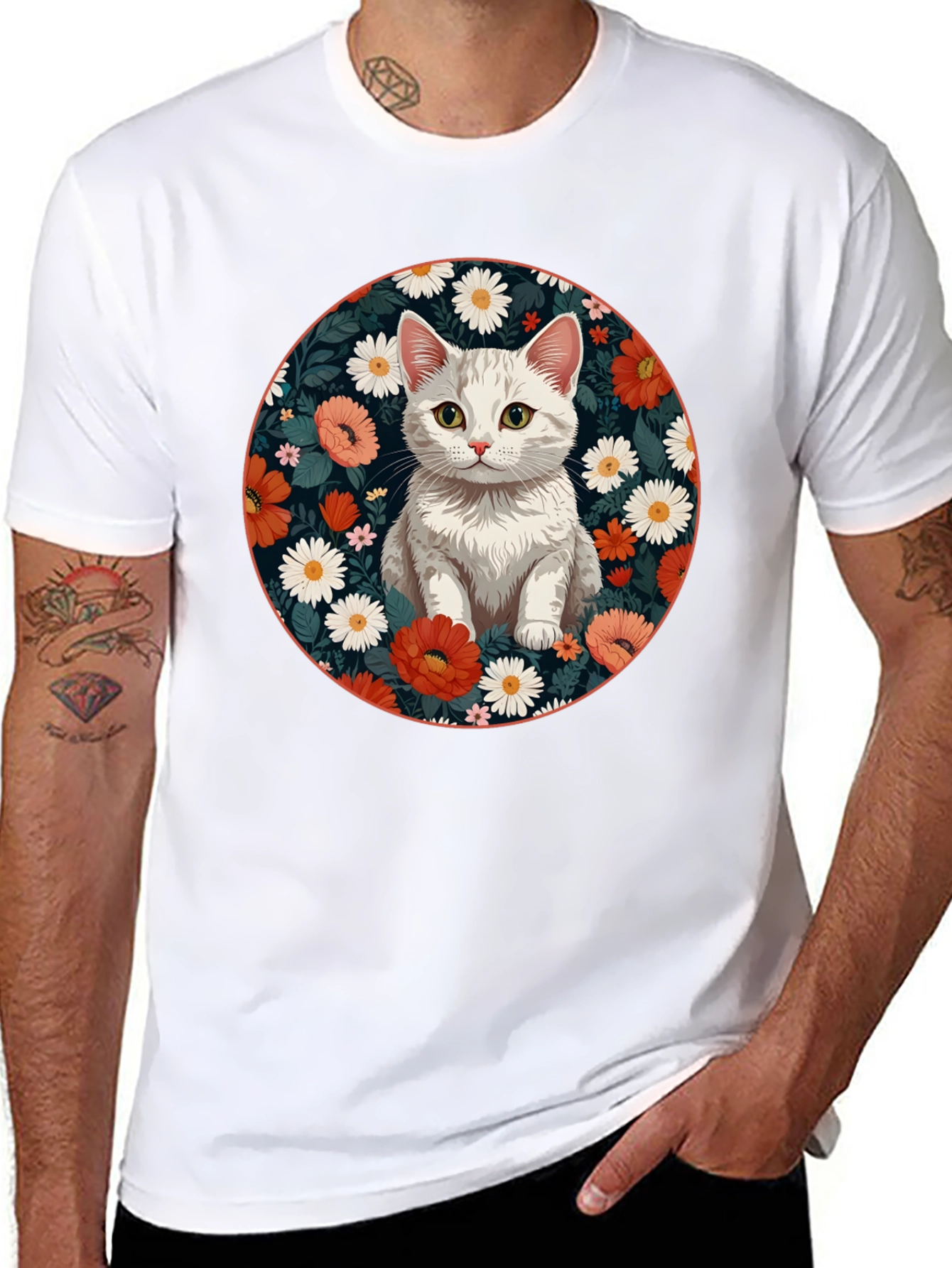 Floral Cat Graphic T-Shirt - Stylish Mens Tee