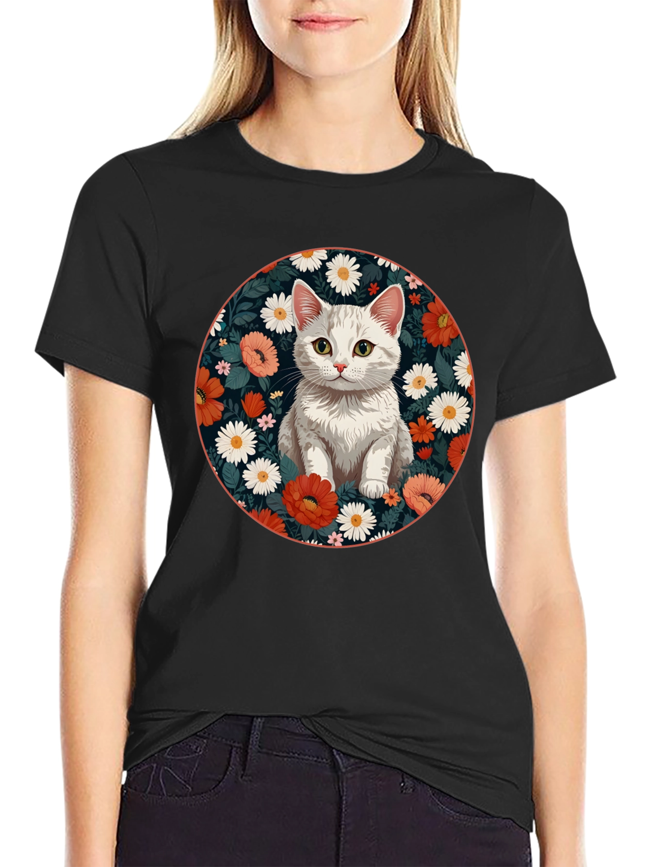 Floral Cat Graphic T-Shirt - Stylish Mens Tee