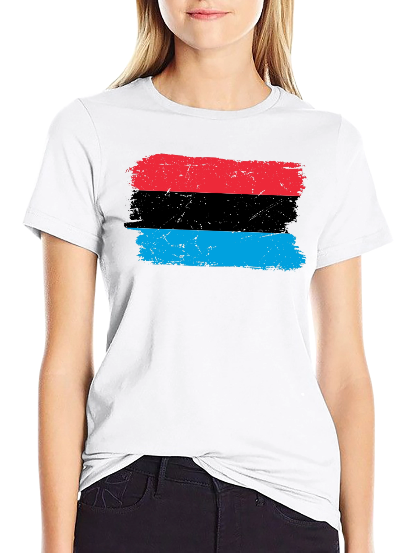 Distressed Striped Graphic Tee - Red Black Blue