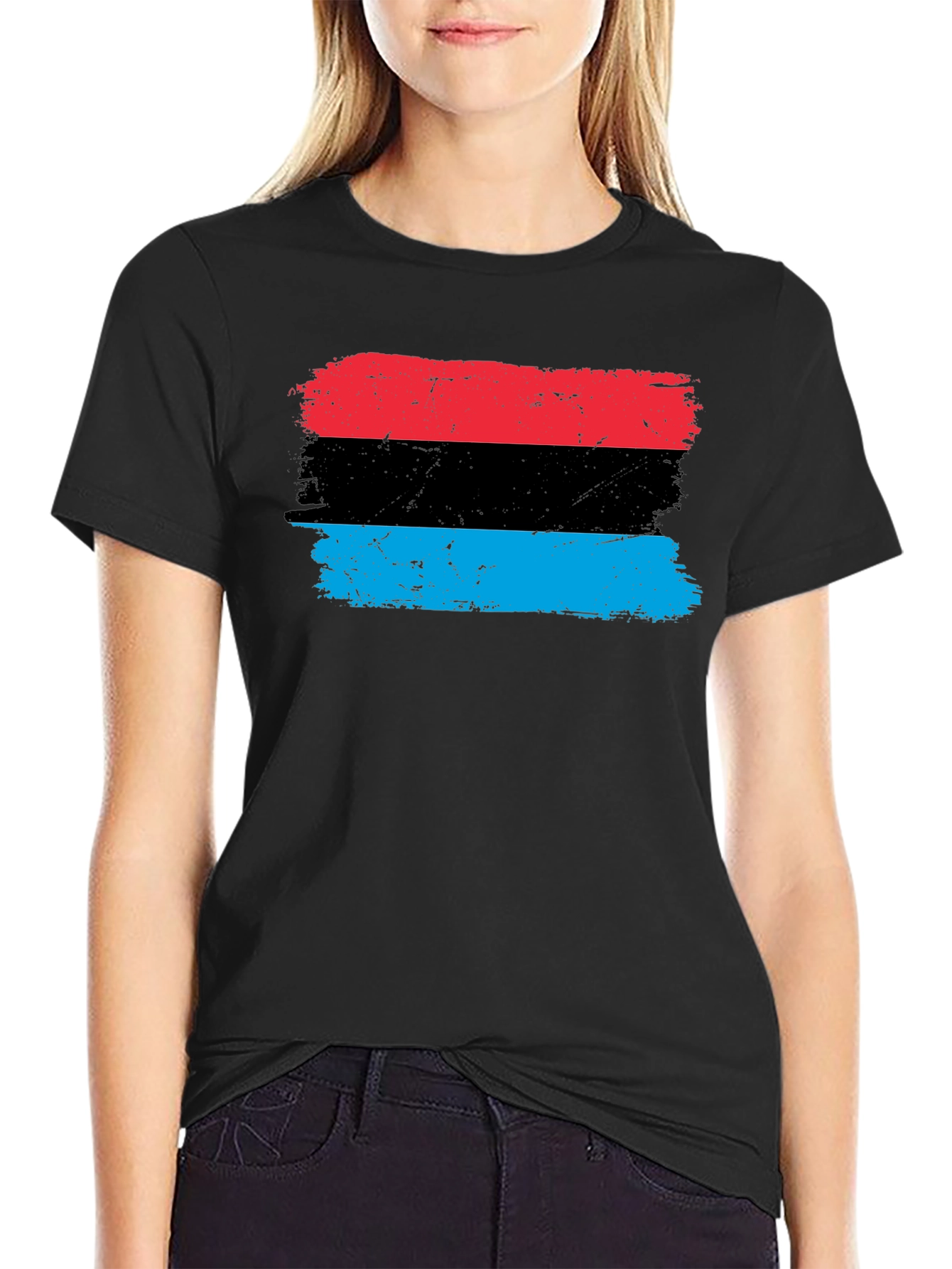 Distressed Striped Graphic Tee - Red Black Blue