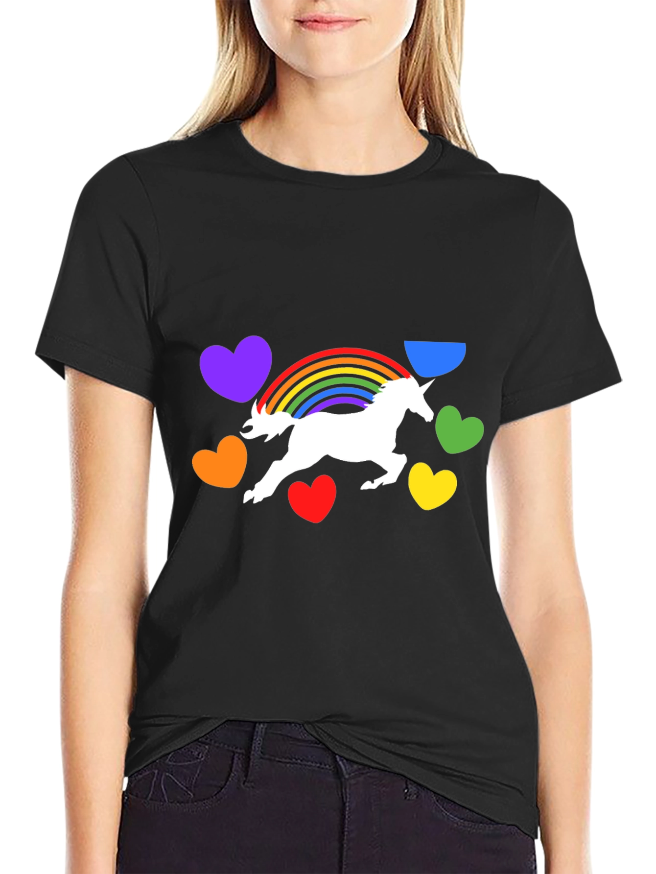 Unicorn Rainbow Heart Graphic Black T-Shirt