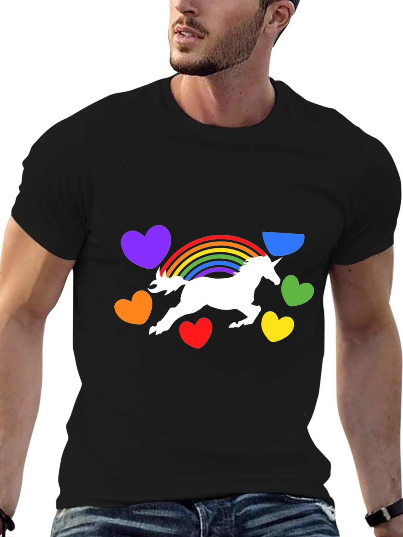 Unicorn Rainbow Heart Graphic Black T-Shirt