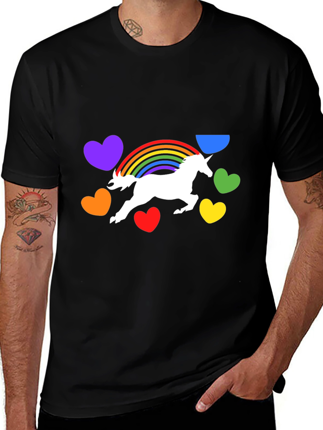 Unicorn Rainbow Heart Graphic Black T-Shirt