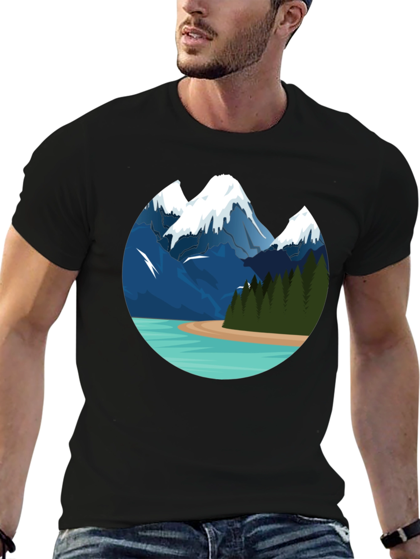 Mountain Lake Graphic Tee - Black Cotton T-Shirt