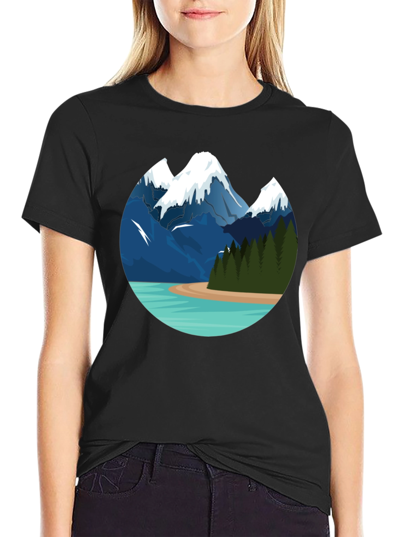 Mountain Lake Graphic Tee - Black Cotton T-Shirt