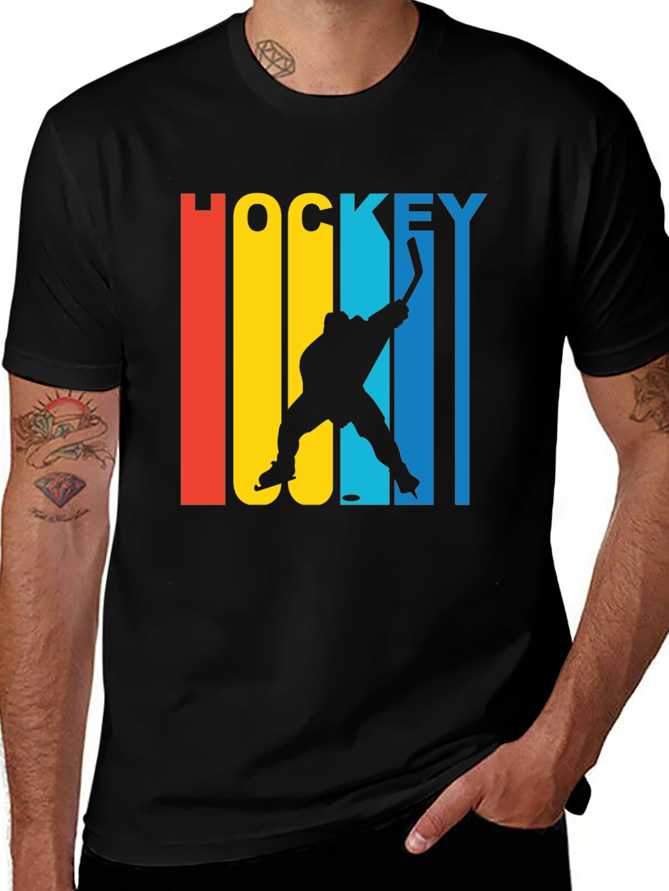 Retro Hockey Player Graphic Tee - Black Cotton Blend