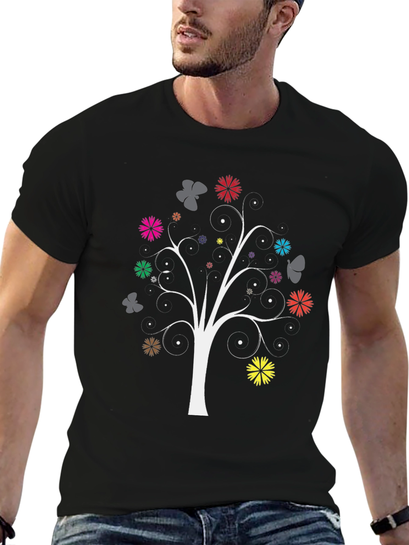 Floral Tree Graphic Tee - Black Cotton Blend
