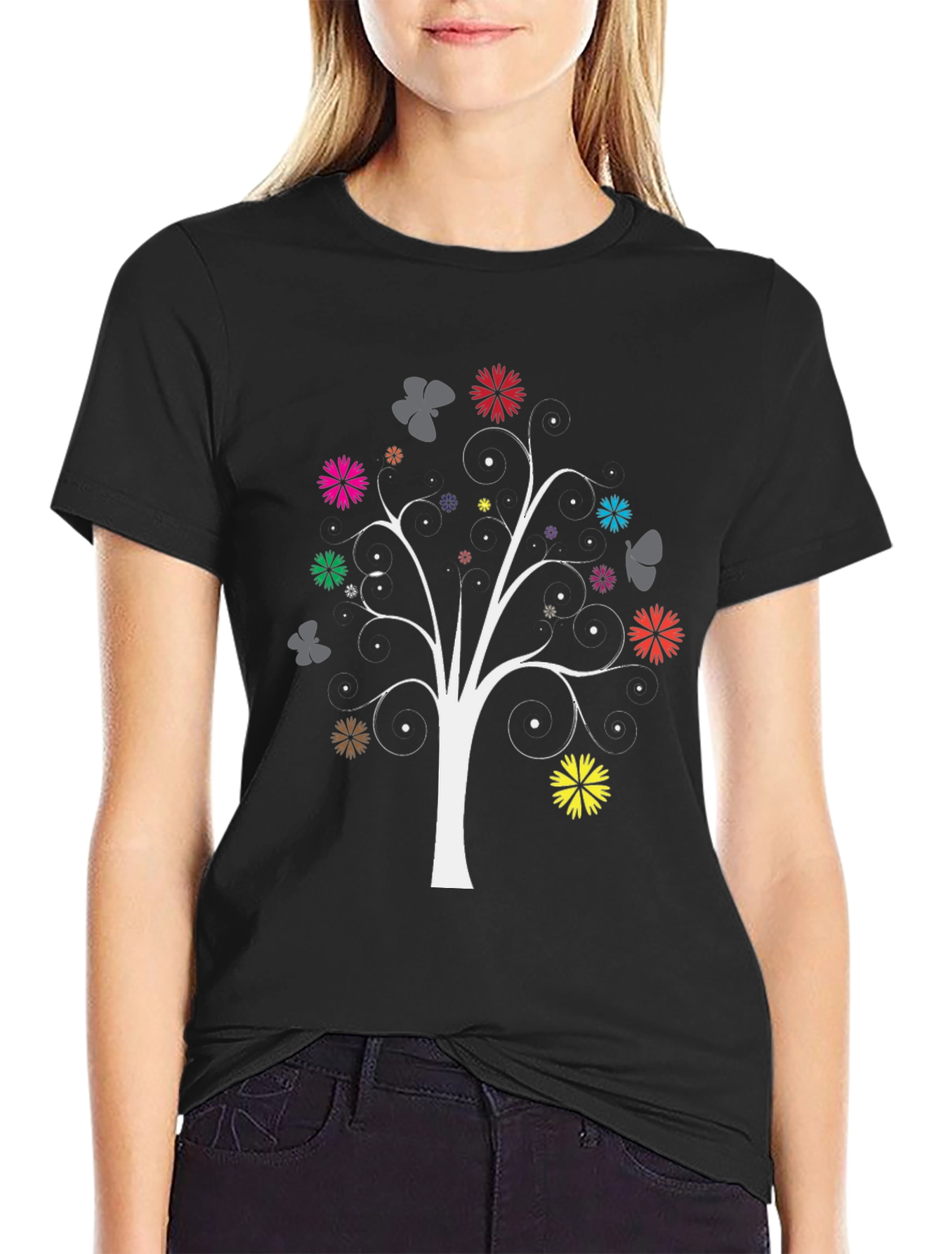 Floral Tree Graphic Tee - Black Cotton Blend