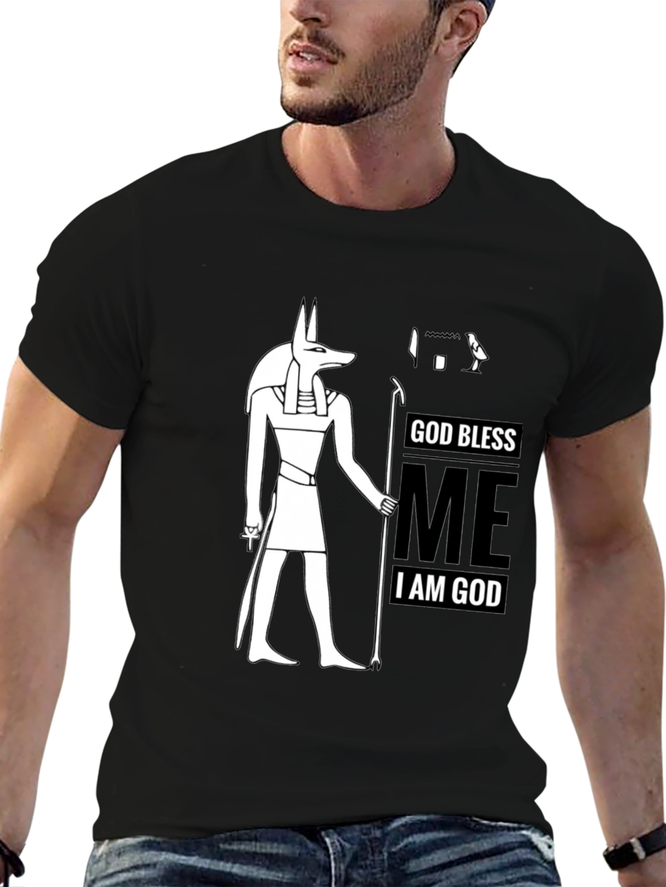 Anubis God Bless Me Graphic Black T-Shirt
