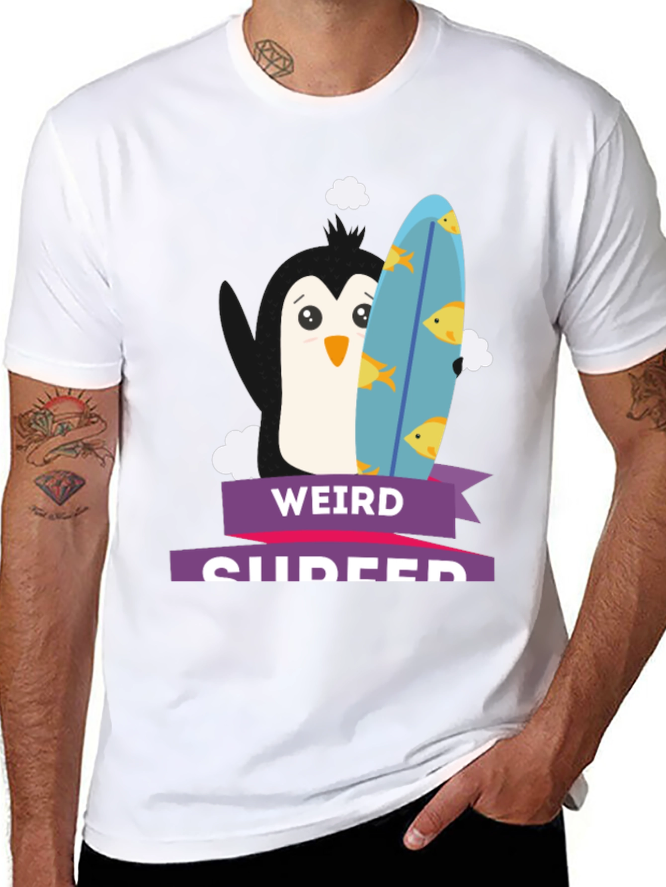 Weird Surfer Penguin Graphic Tee -  Black T-Shirt