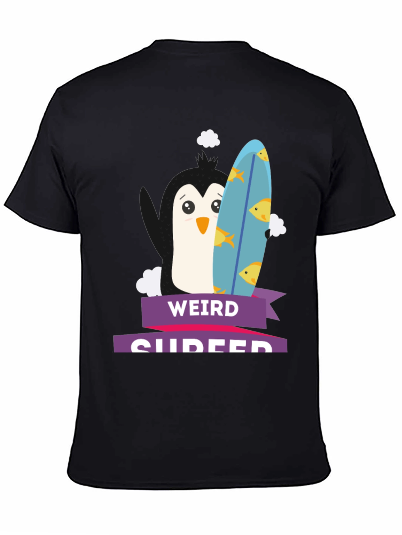Weird Surfer Penguin Graphic Tee -  Black T-Shirt