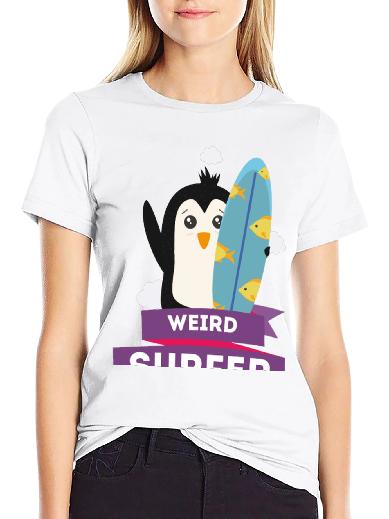 Weird Surfer Penguin Graphic Tee -  Black T-Shirt
