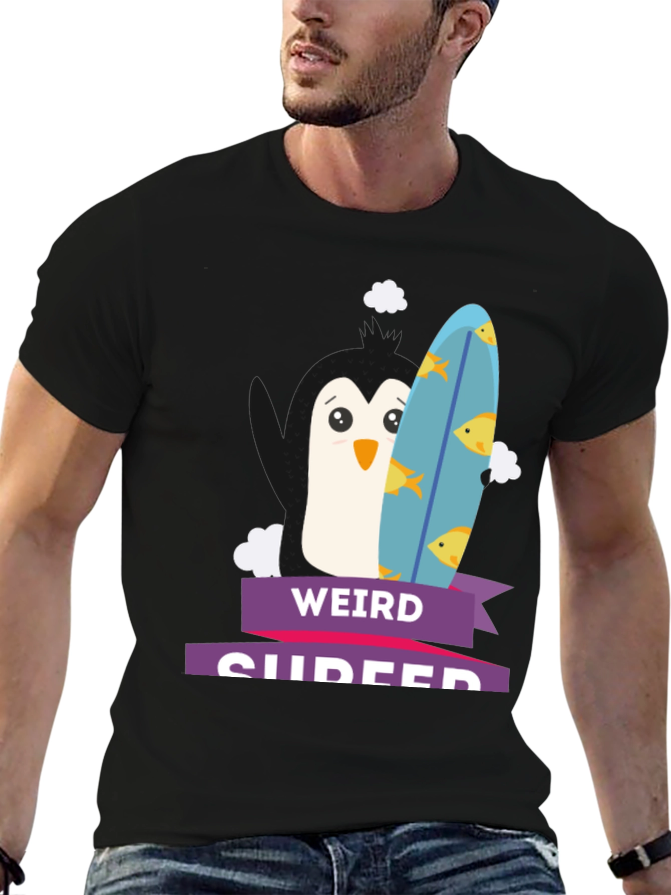 Weird Surfer Penguin Graphic Tee -  Black T-Shirt