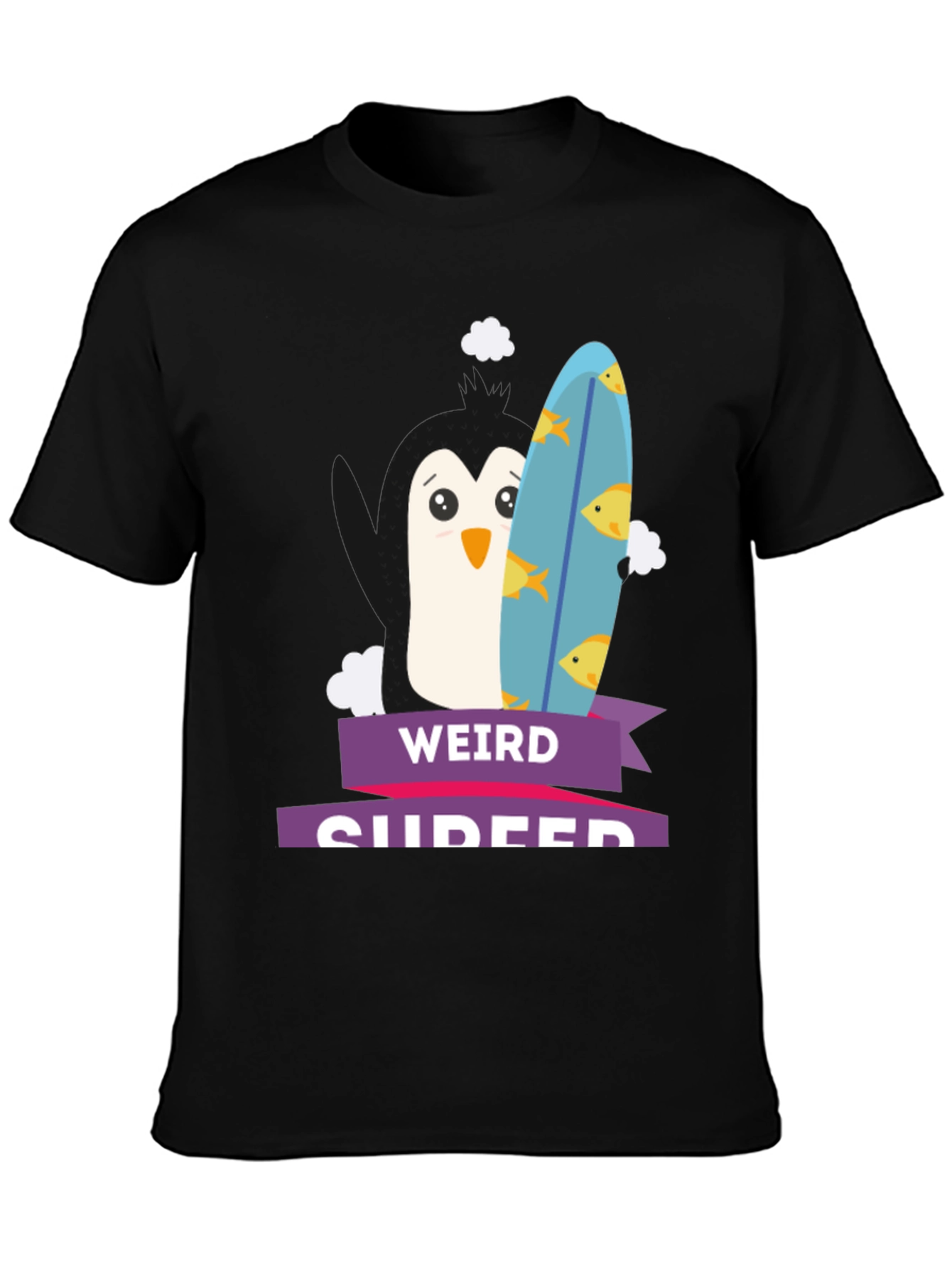 Weird Surfer Penguin Graphic Tee -  Black T-Shirt